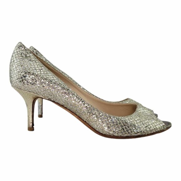 AUTHENTIC JIMMY CHOO Isabel Metallic Peep Toe Pump Sz 37.5IT (US7.5) - Champagne - Picture 2 of 10